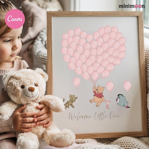 Livre d&#39;or Signature pour baby shower Winnie l&#39;ourson, ballons roses Livre d&#39;or alternatif pour baby shower Winnie et ses amis, art mural imprimable