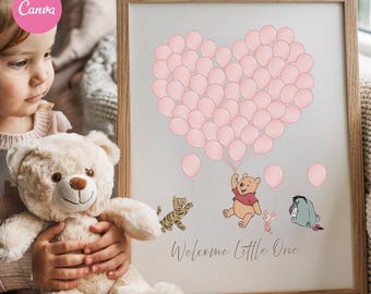 Winnie de Poeh-gastenboek babyshower: roze ballonnen handtekening aandenken (afdrukbaar)