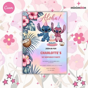 Stitch and Angel Birthday Invitation: Editable & Printable Template – Beautiful Invitation for Your Little One's Birthday, Editable in Canva