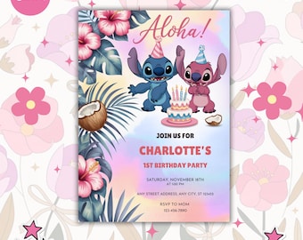 Stitch-verjaardagsuitnodiging: bewerkbare canvassjabloon (digitale download)