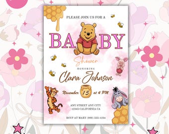 Roze Winnie de Poeh-babyshoweruitnodiging (canva bewerkbaar, digitale download)
