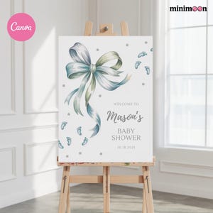 Blue Bow Baby Shower Welcome Sign, Blue Boy Baby Shower Welcome Sign Printable, Editable Blue Bow Baby Shower Sign Template, Baby Shower