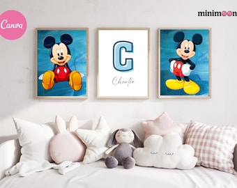 Aangepaste Mickey Mouse muurkunst set van 3 prints gepersonaliseerd naambord jongenskamer decor afdrukbare, aangepaste naamafdruk, jongens kinderkamerdecoratie