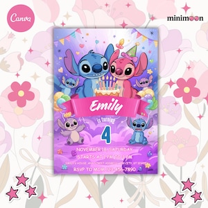 Stitch Editable Birthday Invitation, Printable Birthday Party Evite, Stitch Digital Kids Party Invite, Editable Canva Template, Download