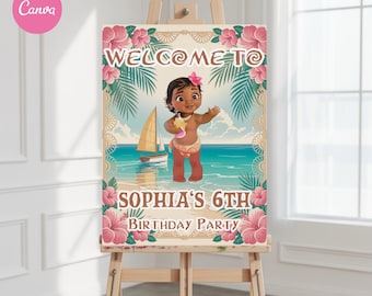 Cartello di benvenuto di Baby Moana, cartello di compleanno di Moana, cartello di compleanno hawaiano di Moana modificabile digitalmente, festa a tema per bambini, modello digitale di Baby Moana