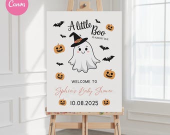 Halloween-Babyparty-Willkommensschild: Pinker Geist, ein kleiner Boo (editierbare Vorlage, digitaler Download