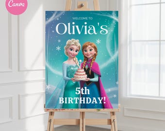 Frozen-thema Verjaardagswelkomstbord, bewerkbare sjabloon