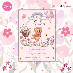 Editable Winnie the Pooh Birthday Invitation, Winnie Pooh Invitation, Girl Birthday Digital File, Winnie Template Instant Download