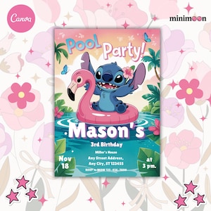 Modelo de convite de aniversário editável Stitch, convite de aniversário para impressão Stitch Pool, convite digital para festa infantil, convite digital para cartão de aniversário