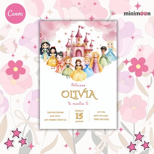 Watercolor Girls Princess and Friends Birthday Party Invitation, Digital Self-Editable Canva Template, All Princesses Party Canva Invites