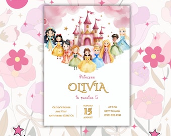 Verjaardagsuitnodiging aquarel prinses: zelfbewerkbare canvasjabloon (digitale download)
