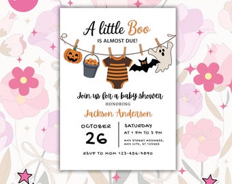 Uitnodiging babyshower Little Boo: Halloween-spookthema (digitale download, bewerkbare sjabloon 5 x 7")