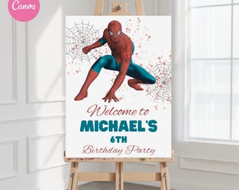 Spiderman welkomstbord sjabloon direct downloaden, bewerkbare Spider-man welkomstbord verjaardagsfeestje jongen, superheld thema feestdecoraties