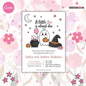 Editable Pink A Little Boo Baby Shower Invitation Bundle, Girl Halloween Baby Shower Invite, Ghost Halloween Baby Shower Invite