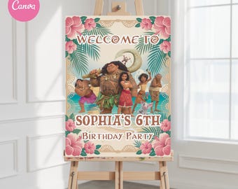Bewerkbaar Moana-verjaardagsbord, tropisch feestdecor (digitale download)