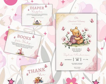 Winnie de Poeh roze meisje baby shower uitnodigingsbundel (digitale download)