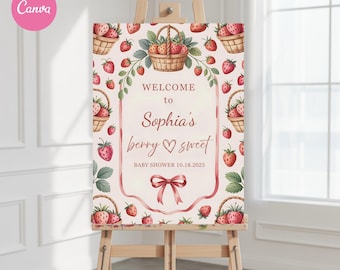 Strawberry Baby Shower Welcome Sign: Berry Sweet Theme (Editable, Printable)