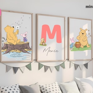 Set of 3 Classic Winnie the Pooh Personalised Name Print, Winnie the Pooh Nursery Wall Art, Nursery Child Kids Decor, Pooh Digital Download