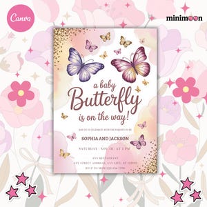 Wildflower and Butterfly Baby Shower Invitation, Purple Pink Butterfly Invitation Template, Wildflower Baby Shower Invitation Canva