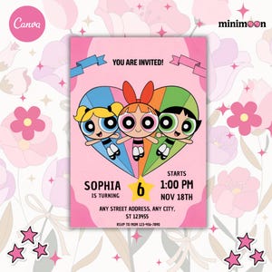 Powerpuff Girls verjaardagsuitnodiging bewerkbare sjabloon, Canva verjaardagsuitnodiging, digitale meisje uitnodigen, Powerpuff Girls, kinderfeestje uitnodigen