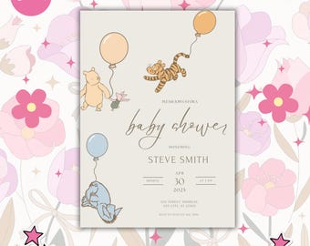 Winnie the Pooh Baby Shower Invitation: Retro Boho Theme (Digital Download, 5x7" Canva Template)