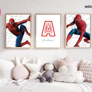 Set di 3 stampe da parete personalizzate con nome a tema Spiderman, poster digitali di Spiderman, stampe di supereroi, decorazioni per la cameretta dei ragazzi, download digitale