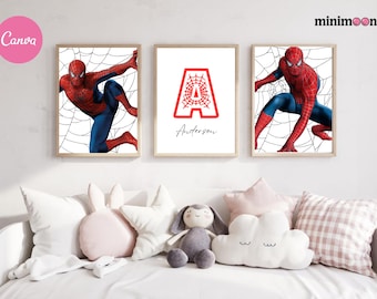 Spiderman Themed Personalised Name Wall Art, Set of 3 Prints, Spiderman Digital Posters, Superhero Prints, Boys Room Decor, Digital Download