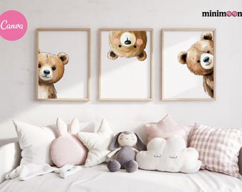 Peeking Bear Nursery Print: Woodland Animal Kids Room Decor (Digital Download