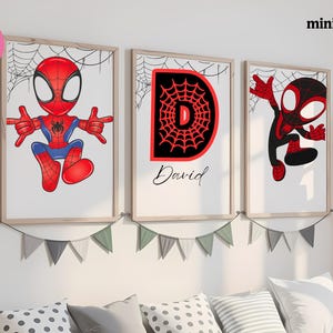 Spiderman Poster Set of 3 Custom Print, Superhero Themed Nursery Decor with Spidey, Personalised Name for Boys & Girls Room