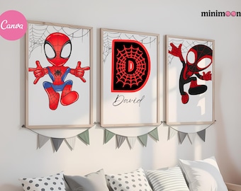 Spiderman Nursery Decor: Personalized Superhero Prints, Set of 3 (Digital Download)