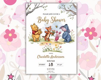 Winnie The Pooh Baby Shower Invitation: Classic Storybook Theme (Digital Download)