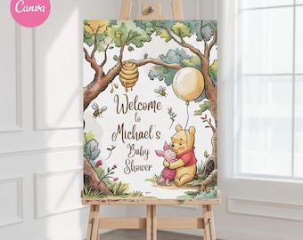 Winnie de Poeh-welkomstbord babyshower: bewerkbaar genderneutraal decor (digitale download)