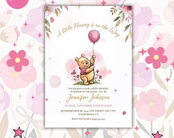 Invito per baby shower di Winnie the Pooh rosa (modello digitale)