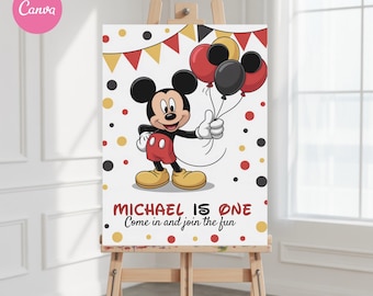 Editable Mickey Mouse 1st Birthday Welcome Sign Poster, Mickey Cartoon Decor, Classic Mickey Party Theme, Boy Birthday Instant Download