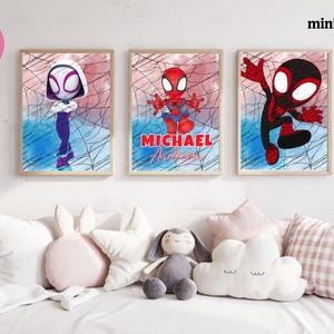 Set di 3 stampe artistiche da parete a tema Spiderman, stampa personalizzata di supereroi per la cameretta dei bambini, poster digitali per bambini piccoli, decorazioni per la cameretta con nome personalizzato