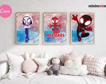 Spiderman kinderkamerdecoratie prints: gepersonaliseerde superheld kunst aan de muur (digitale downloadset van 3)