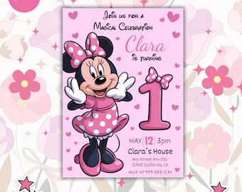 Bewerkbare Minnie 1e digitale verjaardagsuitnodiging, eerste Minnie verjaardagsuitnodiging, leuke muisuitnodiging, uitnodiging meisje Minnie