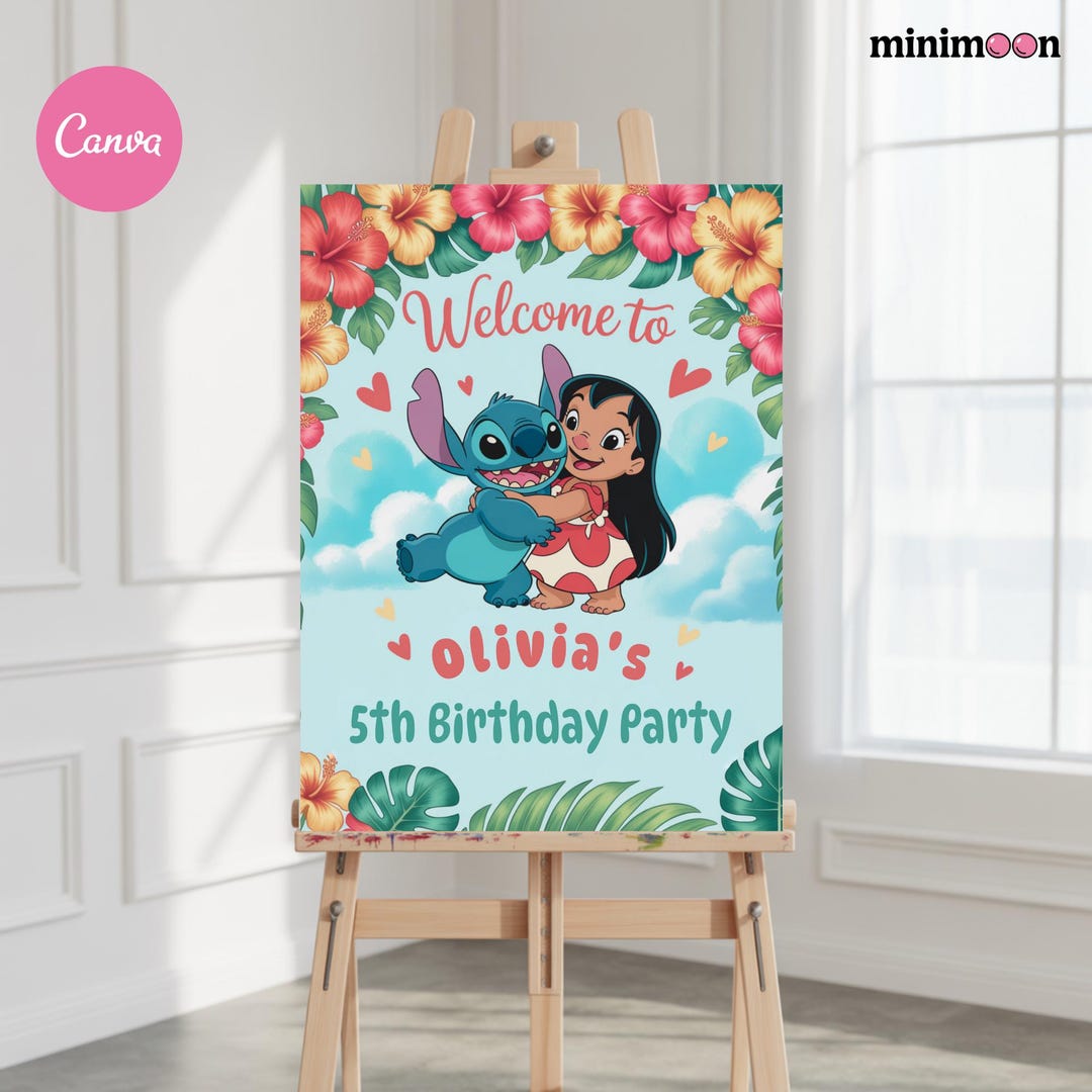 Stitch Welcome Spring Stitch Birthday Welcome Sign: Lilo & Stitch Party Decor (canva Template ...