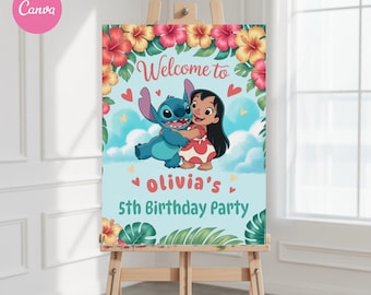 May include: A welcome sign for Olivia's 5th birthday party, featuring the characters Stitch and Lilo from the Disney movie Lilo & Stitch. The sign is decorated with hibiscus flowers and tropical foliage, with the text "Welcome to Olivia's 5th Birthday Party".