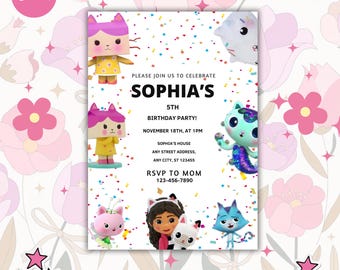 Bewerkbare sjabloon voor verjaardagsuitnodiging Gabbys-poppenhuis (digitale download)