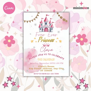 Four Ever A Princess Birthday Invite, Princess Party, Girls Fourth Birthday, Four Ever Magical Castle, Digital Download Editable Template