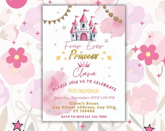 Verjaardagsuitnodiging Four Ever Princess: kasteelfeest (digitale download)
