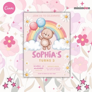 Faire-part d'anniversaire ours modifiable, invitation d'anniversaire personnalisée sur le thème ours, invitation d'anniversaire de bébé, modèle d'invitation numérique, carte de remerciement