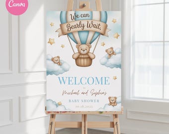 Brown Bear Baby Shower Welcome Sign: Editable Poster, Blue Balloon Decor