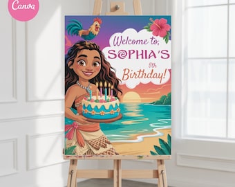 Moana-welkomstbord, bewerkbare tropische verjaardagsposter, decor kinderfeest, instant download, themabord Moana