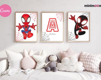Spider-man thema muur kunst wordt afgedrukt set van 3 kinderkamer decor superheld aangepaste print peuter jongen digitale posters gepersonaliseerde naam jongens kamer decor