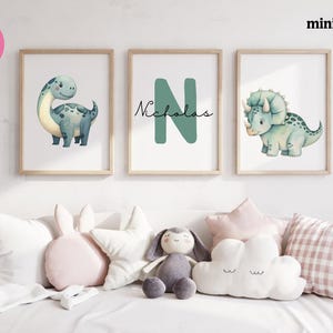 Custom Dinosaur Nursery Print Set of 3 Wall Art Poster, Initial Name Personalized Gift, Baby Dinosaur Boy Girl Room Decor Printable