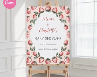 Strawberry Baby Shower Welcome Sign Template: Berry Sweet, Editable (Printable Digital Download)