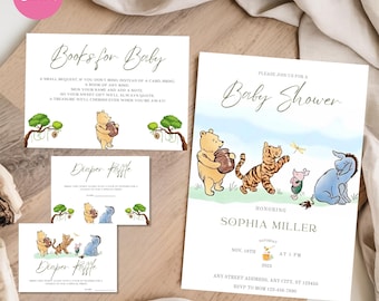 Puede incluir: Invitaciones y complementos para baby shower con personajes de Winnie the Pooh. La invitación principal tiene el texto "Baby Shower" y los detalles del evento. Las tarjetas adicionales incluyen información de "Libros para bebé" y "Rifa de pañales".