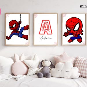 Set di 3 stampe a tema Spiderman, decorazioni murali per la cameretta dei bambini, stampe personalizzate di supereroi, poster digitali per bambini, decorazioni per la cameretta dei bambini con nome personalizzato